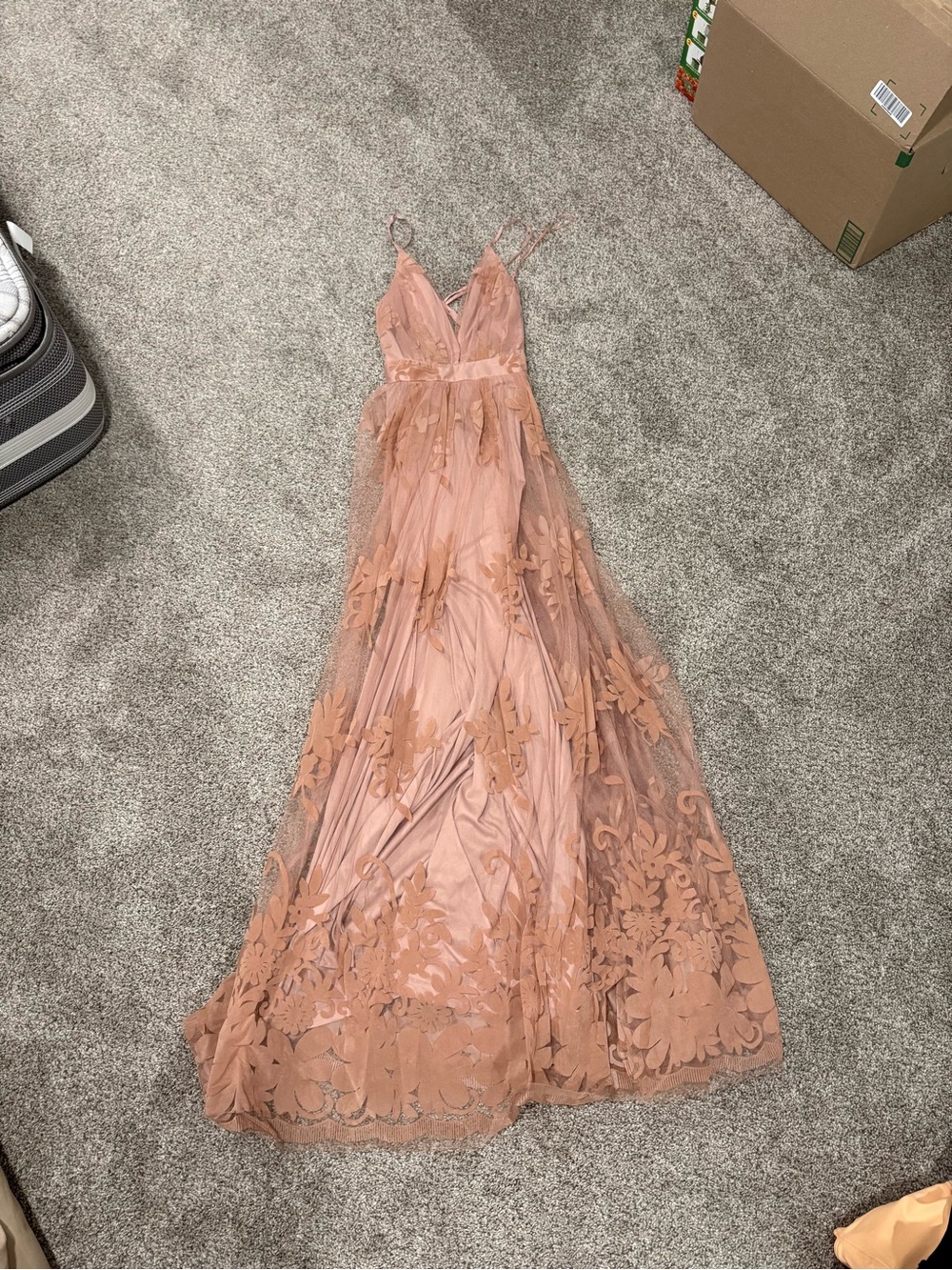 Elegant Dusty Rose Lace Overlay Maxi Dress